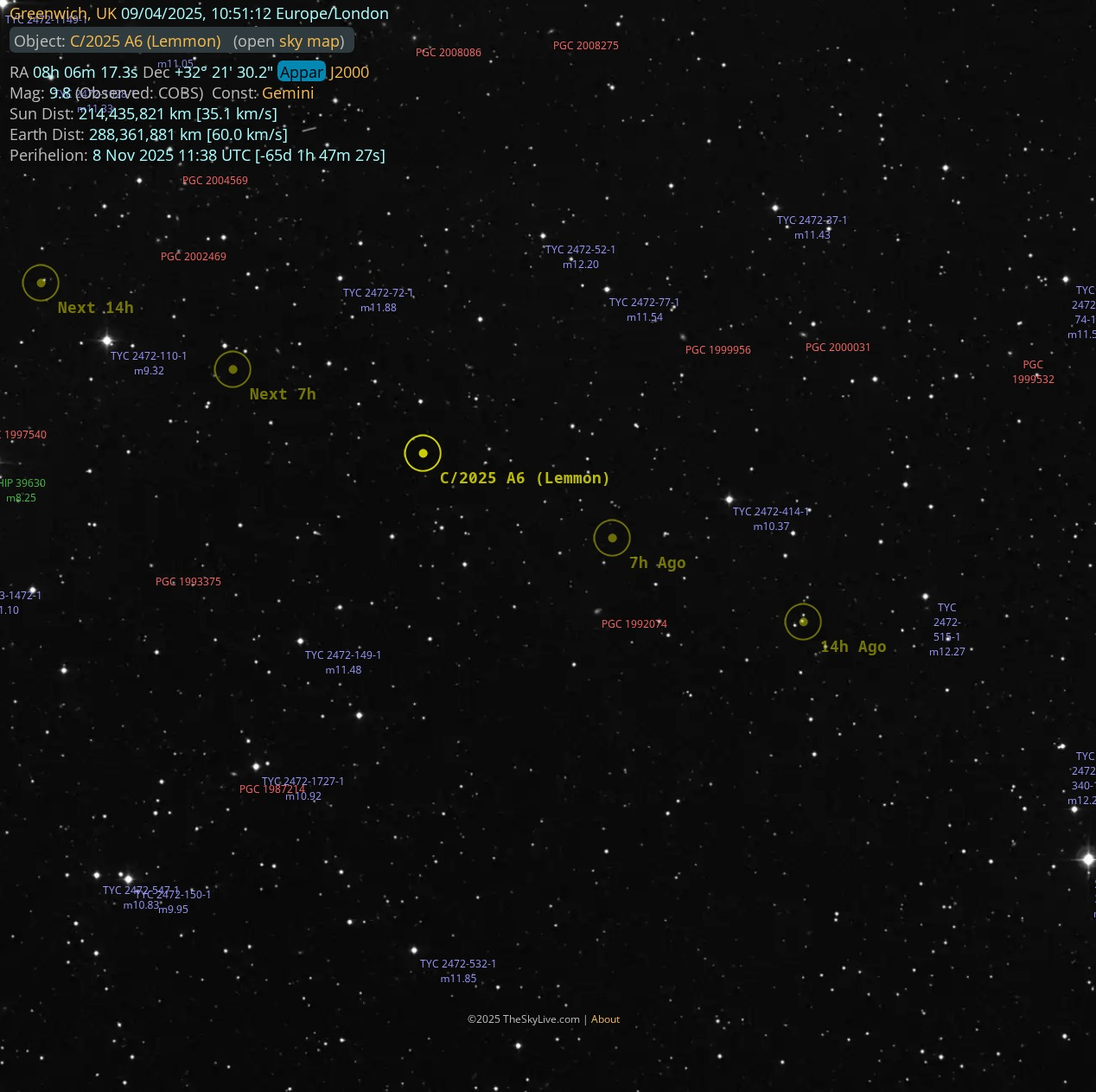 Текущая позиция кометы&nbsp;C/2025 A6 (Lemmon)