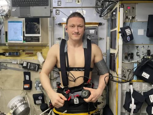 Sergey Kud-Sverchkov during training in the "Chibis-M" prophylactic suit