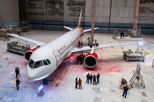 Painting of the first MC-21 in the livery of Rossiya Airlines