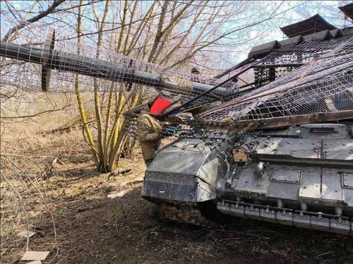 T-72B3 with an anti-drone grid on the gun barrel
