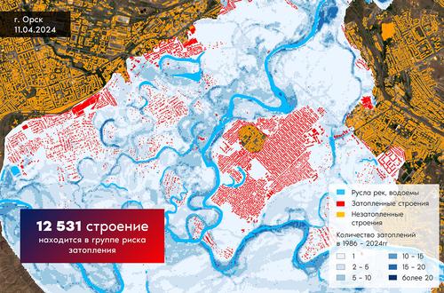 Así se veía desde el satélite en el marco del proyecto durante la extrema inundación primaveral la ciudad de Orsk. Estos datos ayudan tanto a las autoridades como a la población a la hora de resarcir los daños, y a los científicos a la hora de predecir posibles inundaciones en el futuro