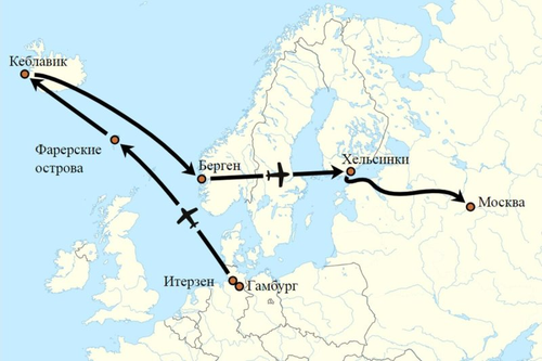 Маршрут перелёта Руста в 1987 году