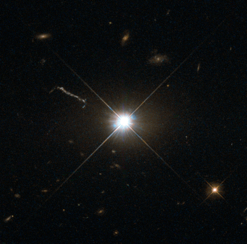 Image of the quasar 3C 273, obtained by the Hubble Wide Field and Planetary Camera 2 (WFPC2), which is located in a giant elliptical galaxy in the constellation Virgo
