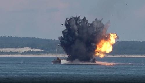 Destruction of a mock enemy ship by an unmanned surface vessel