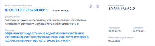 Тедер на выполнение научно-исследовательской работы по теме «Разработка и изготовление оптических модулей линии связи» Шифр: «Нить-4»