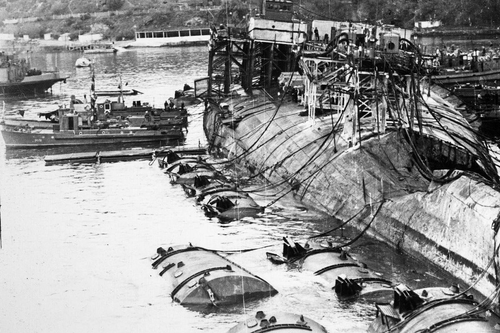 Raising of the battleship "Novorossiysk", May 1957