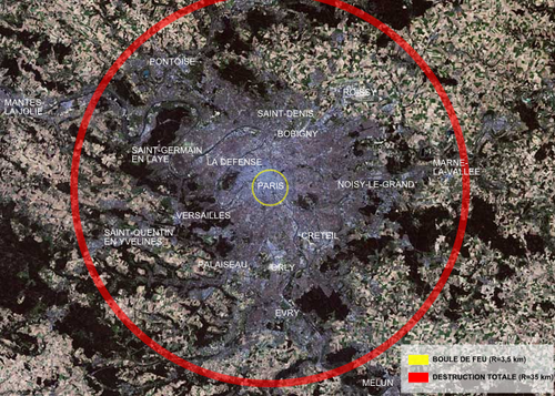 the total radius of destruction, superimposed on Paris by a red circle indicating the zone of complete destruction (radius 35 kilometers), and a yellow circle indicating the radius of the fireball (radius 3.5 kilometers) 