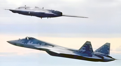 Su-57 en conjunto con el UAV S-70 "Okhotnik"
