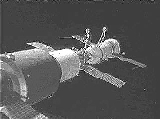 Frame from the animation "Salyut-1" with the docked "Soyuz"
