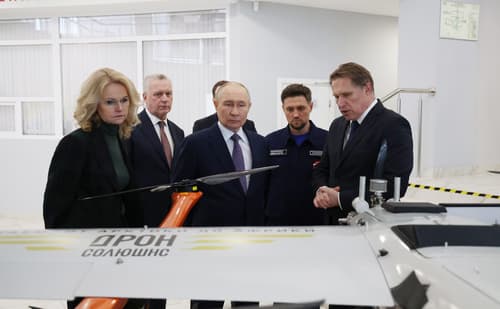 Vladimir Putin inspects a UAV for medical needs