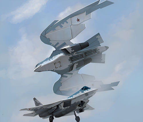 Ilustración del Su-57 en conjunto con el UAV S-70 "Okhotnik"