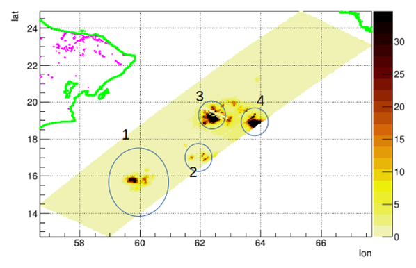 Пример карты УФ-излучения над районом активного рыбного промысла