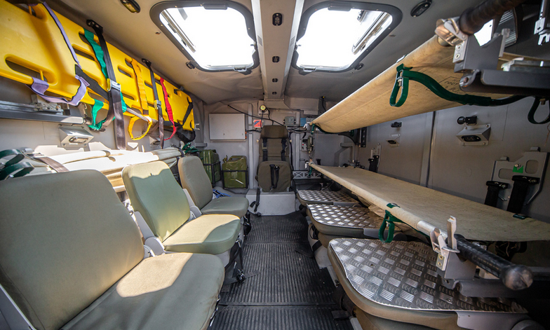 This is what "Linza" looks like inside. Sometimes the ambulance also travels without the wounded, transporting medical equipment to deploy a medical center for the battalion
