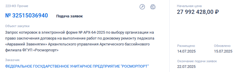 Информация о тендере с портала ЕИС Закупки