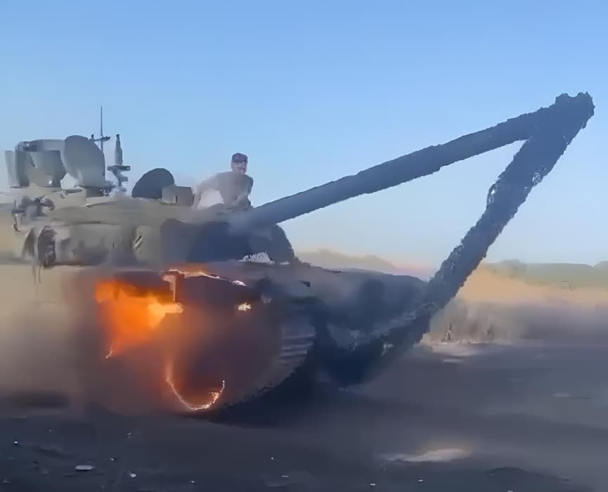 T-90M tank with a burning track