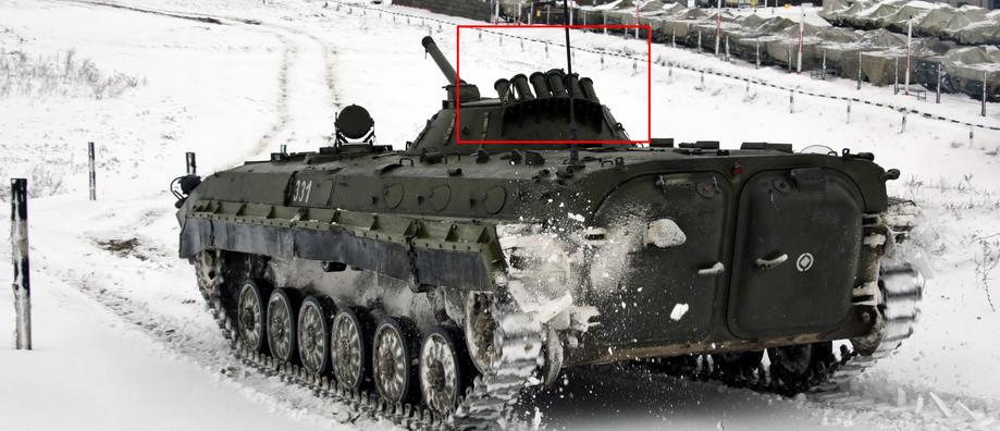 Шесть пусковых установок системы «Туча» на башне БМП-1П