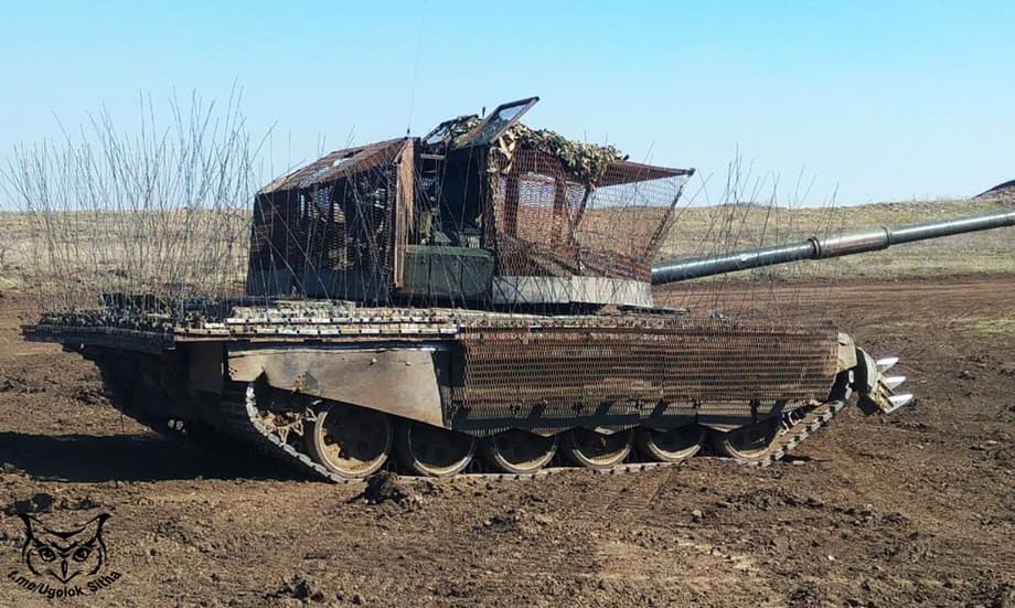 T-72B3M tank with anti-drone protection