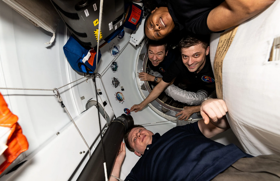 De arriba abajo: los astronautas de NASA Jeanette Epps, Mike Barratt, Matthew Dominick, el cosmonauta de «Roscosmos» Aleksandr Grebiónkin