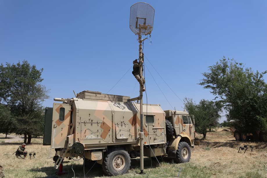 Russian signalmen at a training ground in Tajikistan