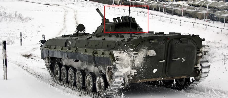 Шесть пусковых установок системы «Туча» на башне БМП-1П