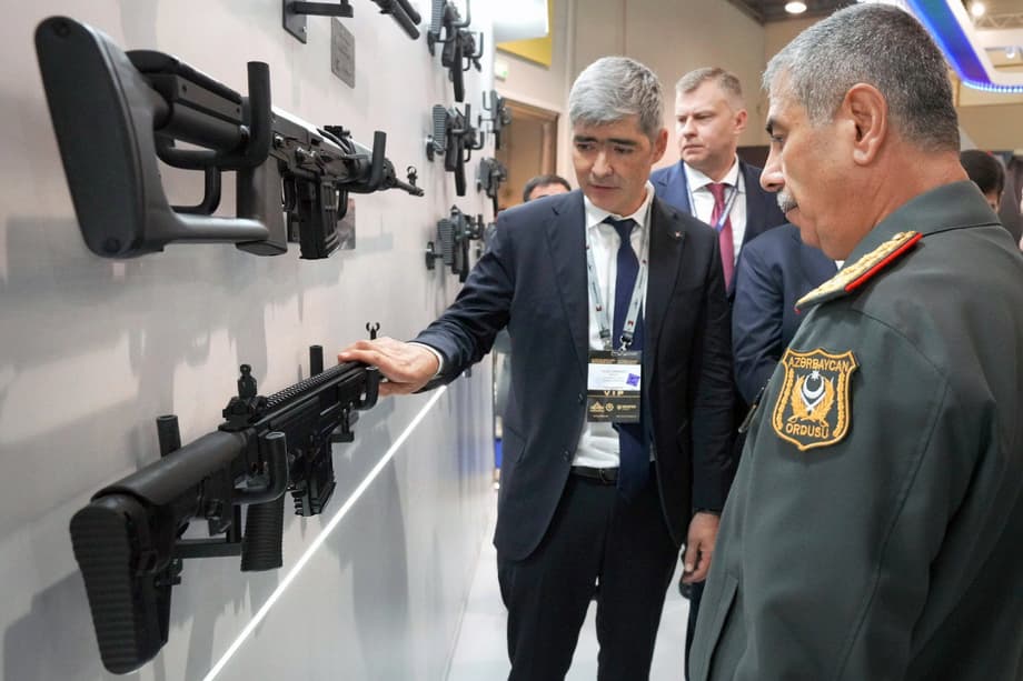 Azerbaijani Defense Minister, Colonel-General Zakir Asker oglu Hasanov, inspects the concern's booth
