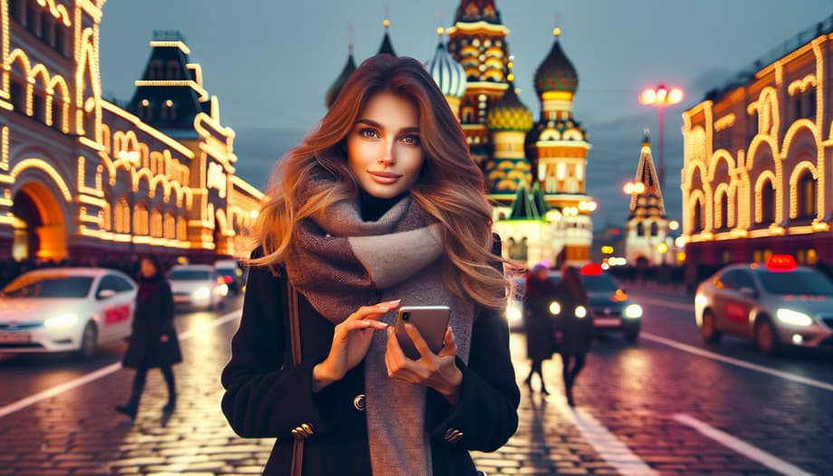 Девушка заказывает такси через приложение в Москве<br>