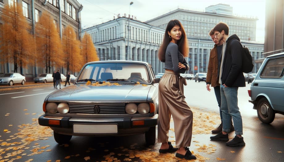 A girl shows a used car to potential buyers<br>