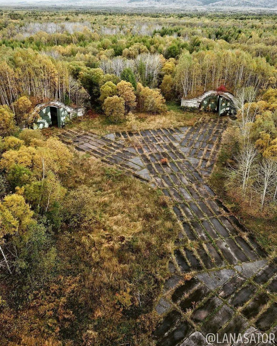 Abandoned airfield for strategic aviation with reinforced concrete shelters in the Sakhalin Oblast