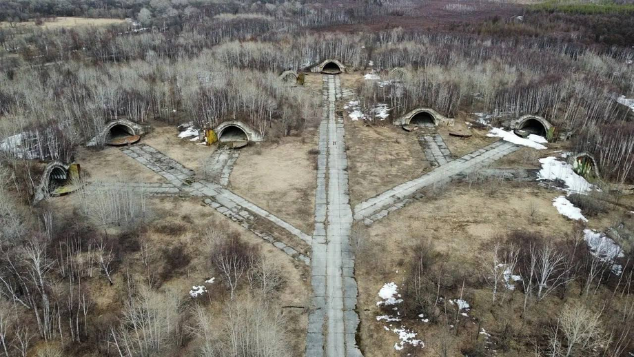 Abandoned airfield for strategic aviation with reinforced concrete shelters in the Sakhalin Oblast