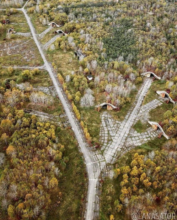 Abandoned airfield for strategic aviation with reinforced concrete shelters in the Sakhalin Oblast